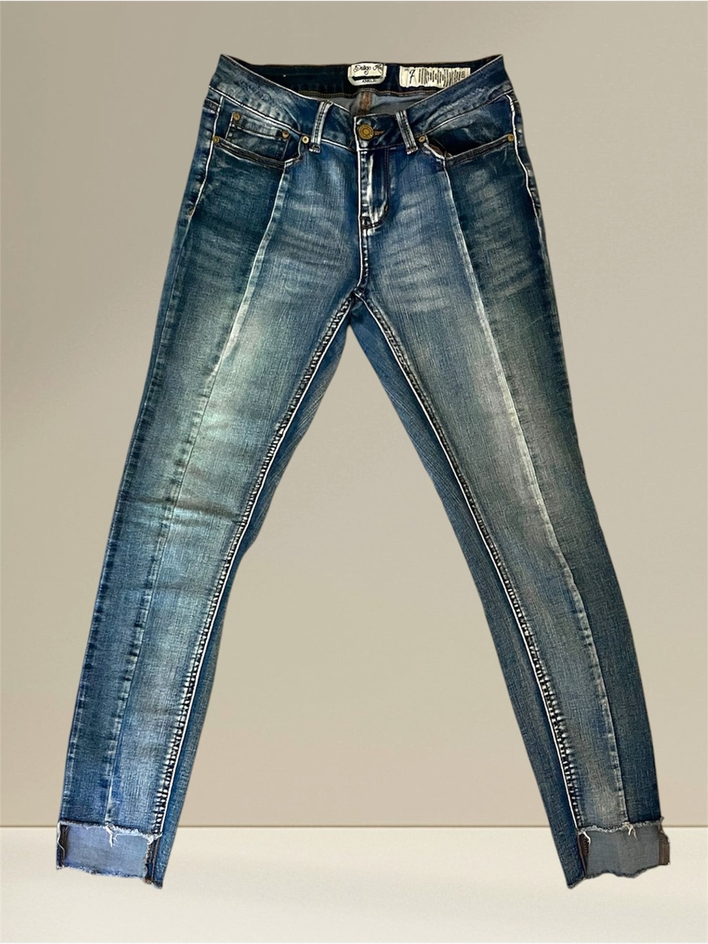 Indigo Rein Ankle Skinny Jeans Size 7 Raw Hem Medium Wash Stretch Denim